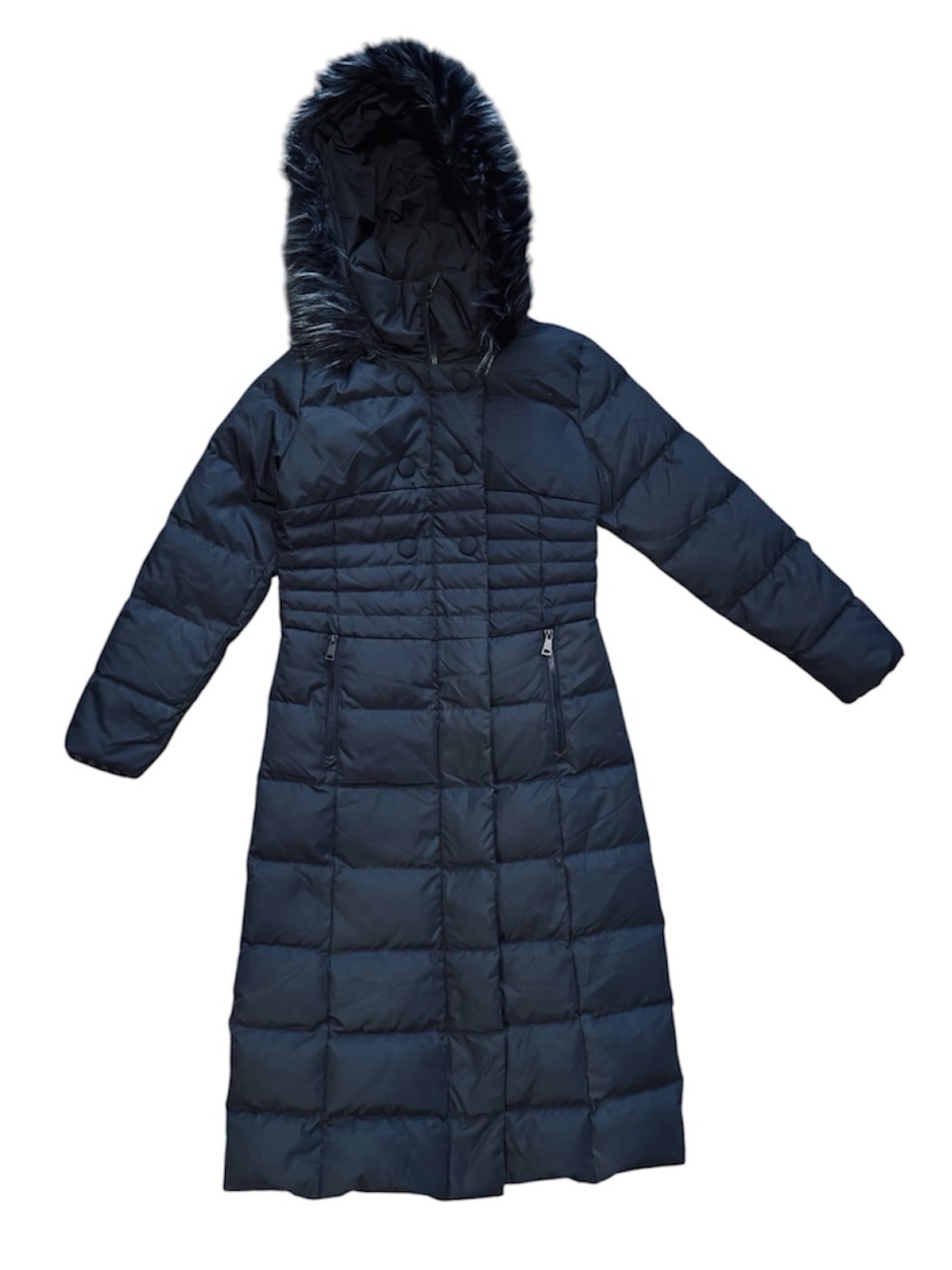 OROLAY Long Puffer Black Quilted Down Coat With Fur Hood